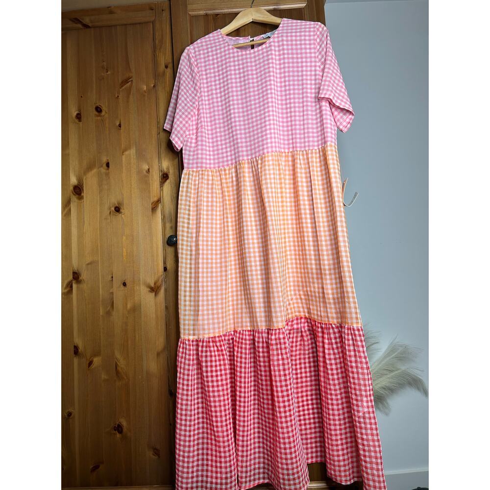 Never Fully Dressed Pink, Yellow and Coral Gingham Tiered Midi Dress - Picture 2 of 7